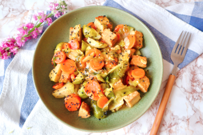 VEGAN TEMPEH AND BRUSSELS SPROUTS (ONIONS & GARLIC FREE)