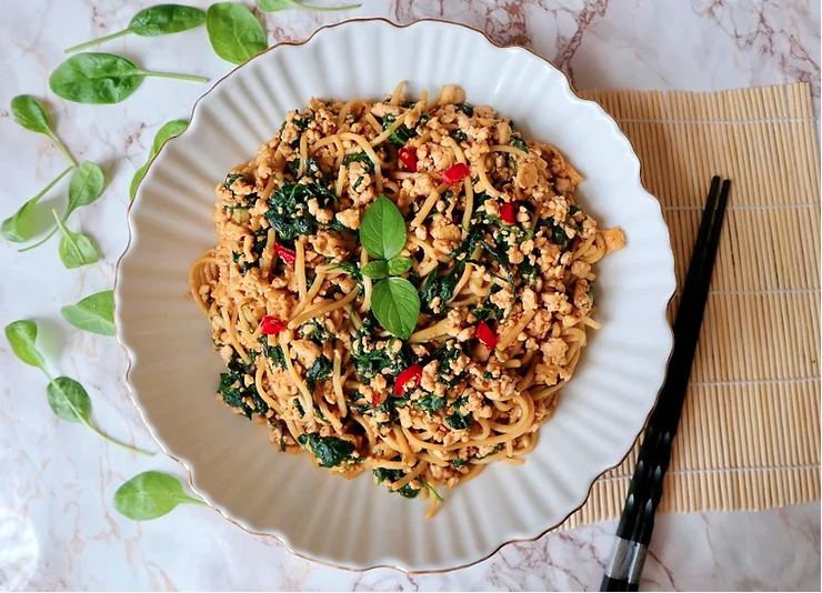 Pan Mee with tofu crumbles (onion and garlic free)